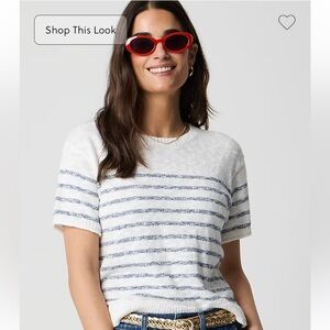 Striped White and Blue Short-Sleeve Relaxed Beach Sweater